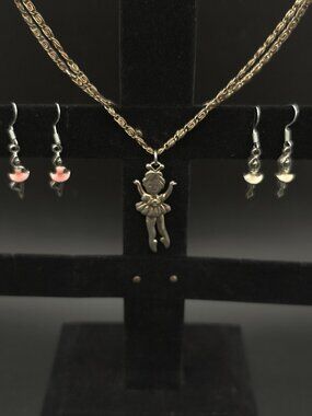 Vintage Ballerina Lot Gold Tone Pendant Necklace & Silver Tone Dangle Earrings